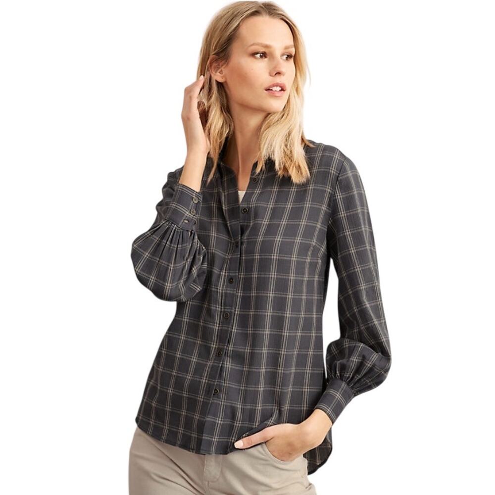 Garnet Hill Gray Plaid Organic Cotton Button Down Gauze Shirt - Picture 2 of 11